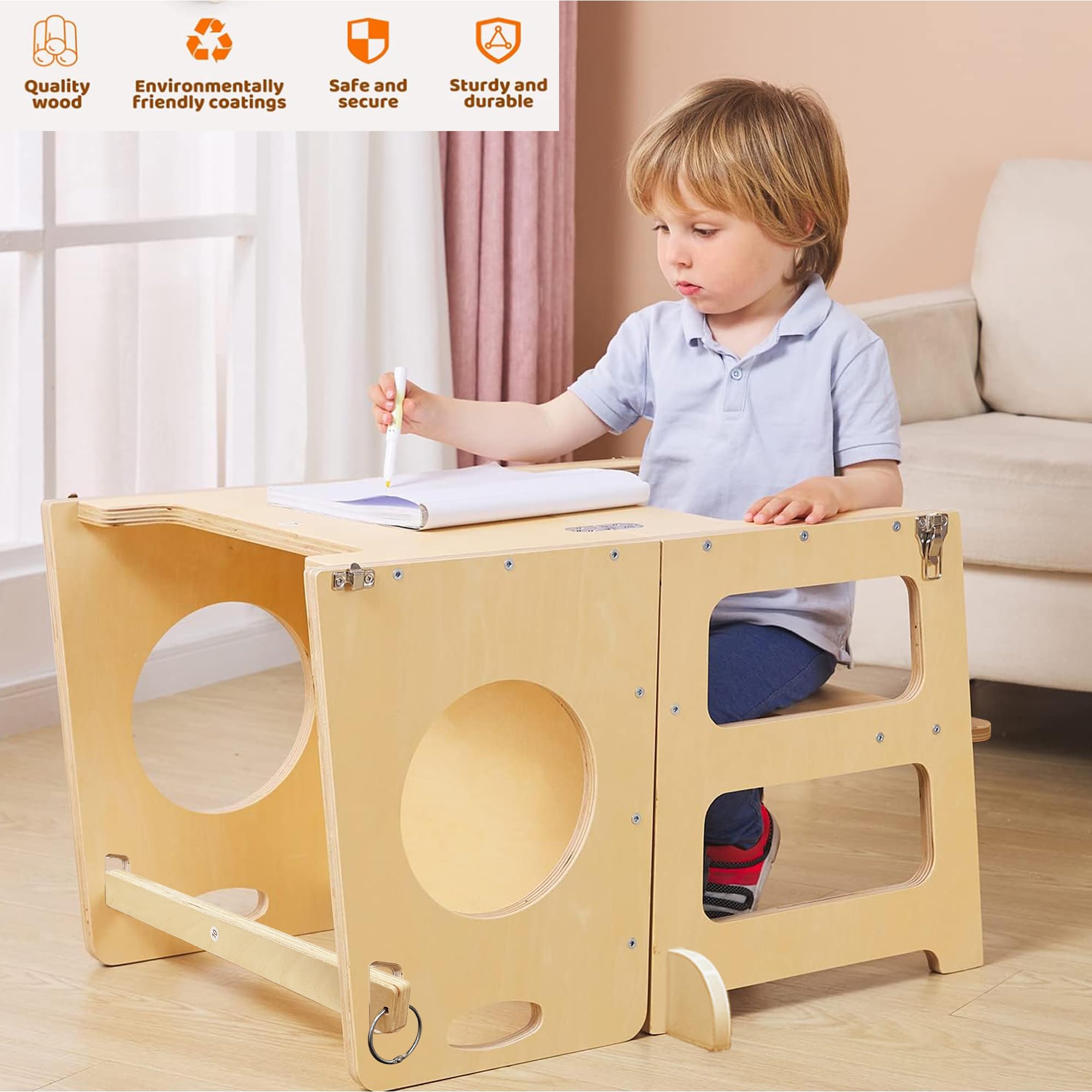 4-in-1 Foldable Kitchen Stool Helper with Safety Crossbar, Standing Toddlers Tower with Chalkboard for Learning, Montessori Folding Desk Table and Chair Set for Kids 1-6 Years