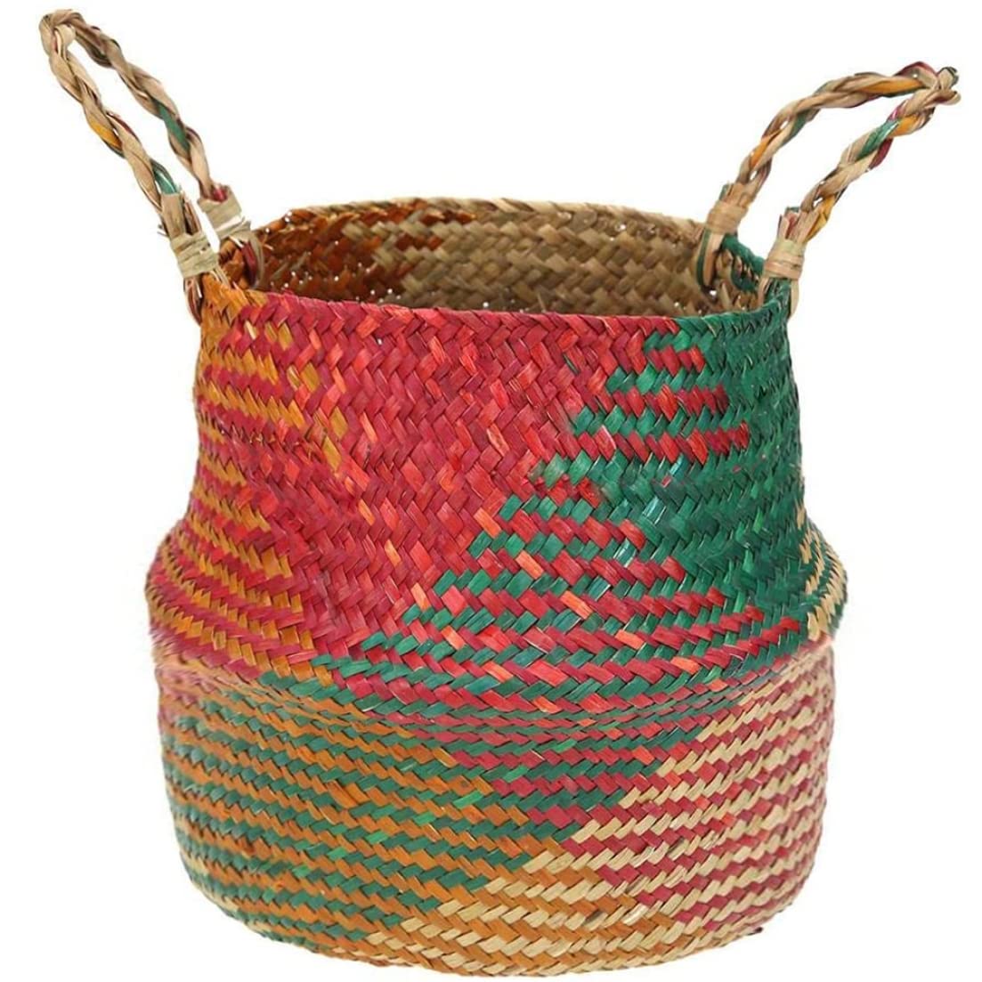 Wedhapy Woven Basket Rattan Basket Seagrass Belly Storage Basket with Handles Woven Foldable Storage Pot Plant Basin Cover for Laundry Beach Bag (S)