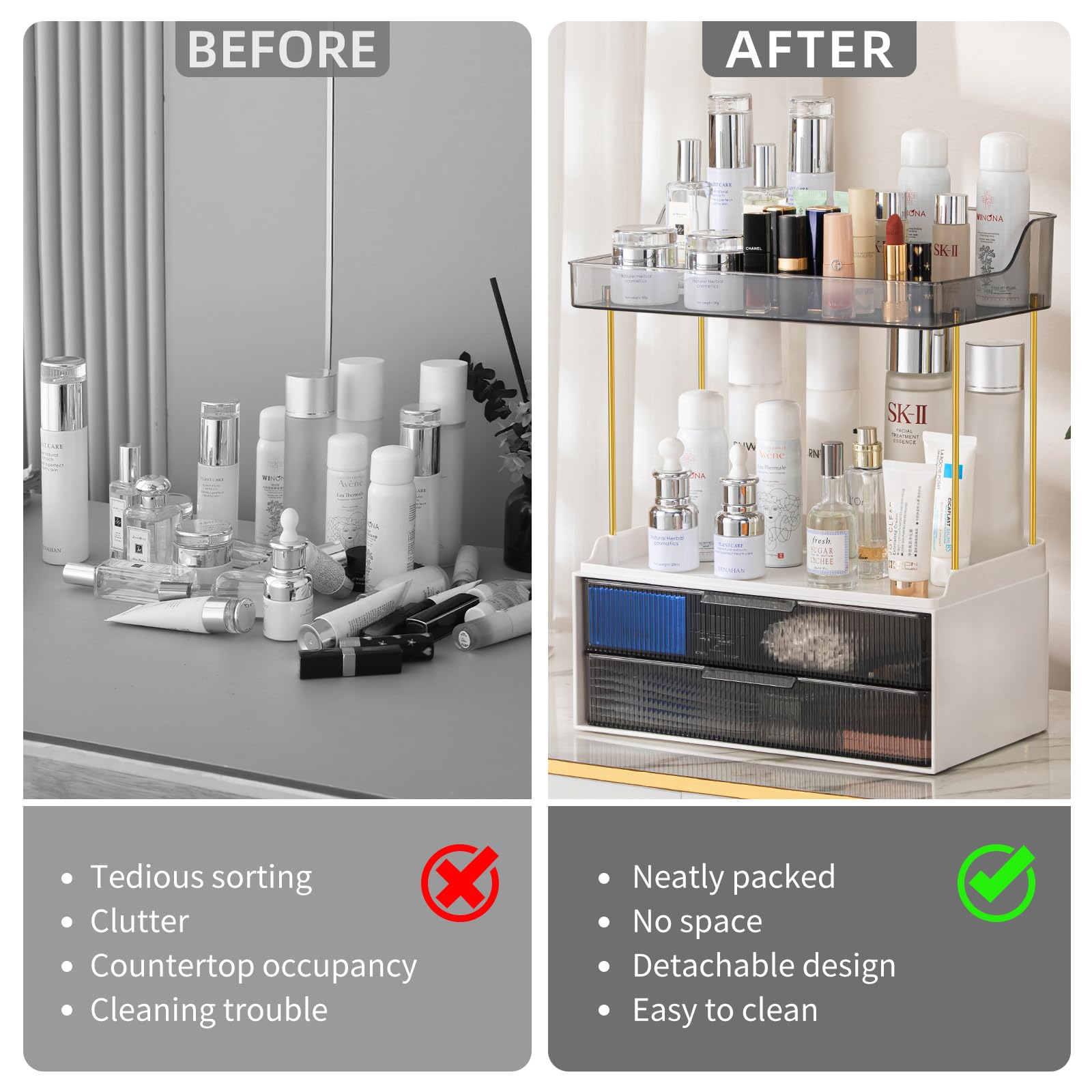 akinbas Bathroom Organizer Countertop with Stackable Drawer High-Capacity Skincare Cosmetic Storage Display Cases with 2 Drawers and 2 Tray for Bathroom(Gray)