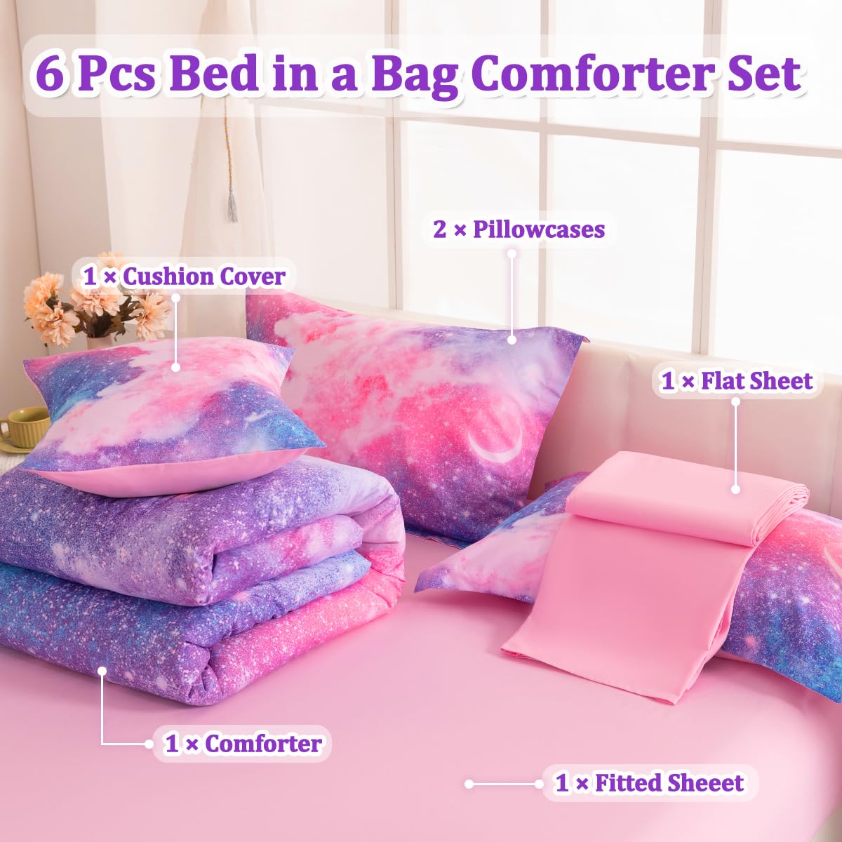 ASKOTU Purple Galaxy Full Bedding Sets for Girls Kids, 6 Pcs Bed in a Bag Full Size Comforter Sets with Sheets