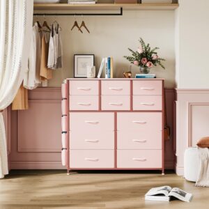 12 Dresser for Bedroom, Chest of Drawers for Bedroom with Side Pockets and Hooks, Fabric Storage Dresser, Sturdy Steel Frame, Wood Top, Easy Pull Handle (Pink)