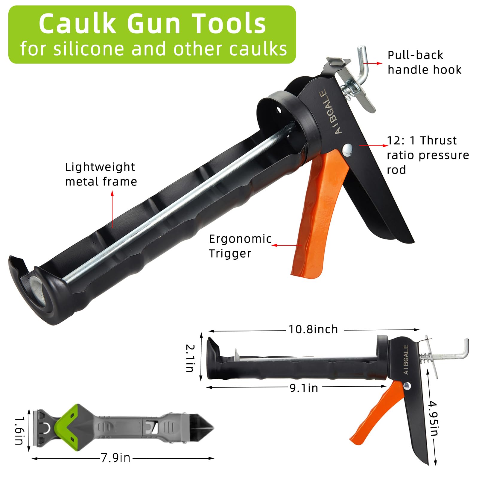 Variety Caulking Tool Kit, Caulking Gun, Silicone Sealant with Gun - All-Purpose 100% Clear Silicone Caulk (10 oz Tube), and 5 in 1 Scraper/Smoothing Tool, Sandpaper, Gloves and Masking Tape