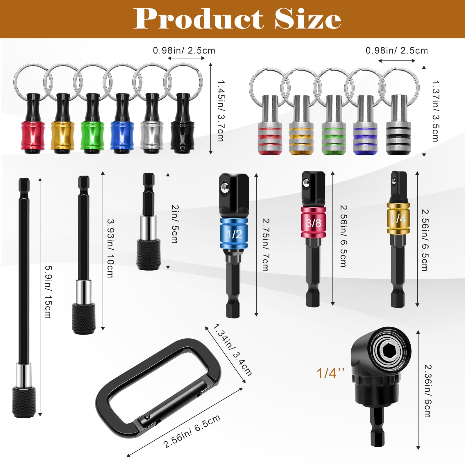 Anglekai 18PCS Bit Holder Cool Gadgets, 11PCS Drill Bit Holder Keychain/ 3PCS Impact Drill Bit Sockets Adapter/ 3PCS 1/4’’ Quick Hex Shank/ 105°Right Angle Drill Driver 1/4’’Hex Shank Screwdriver Bit