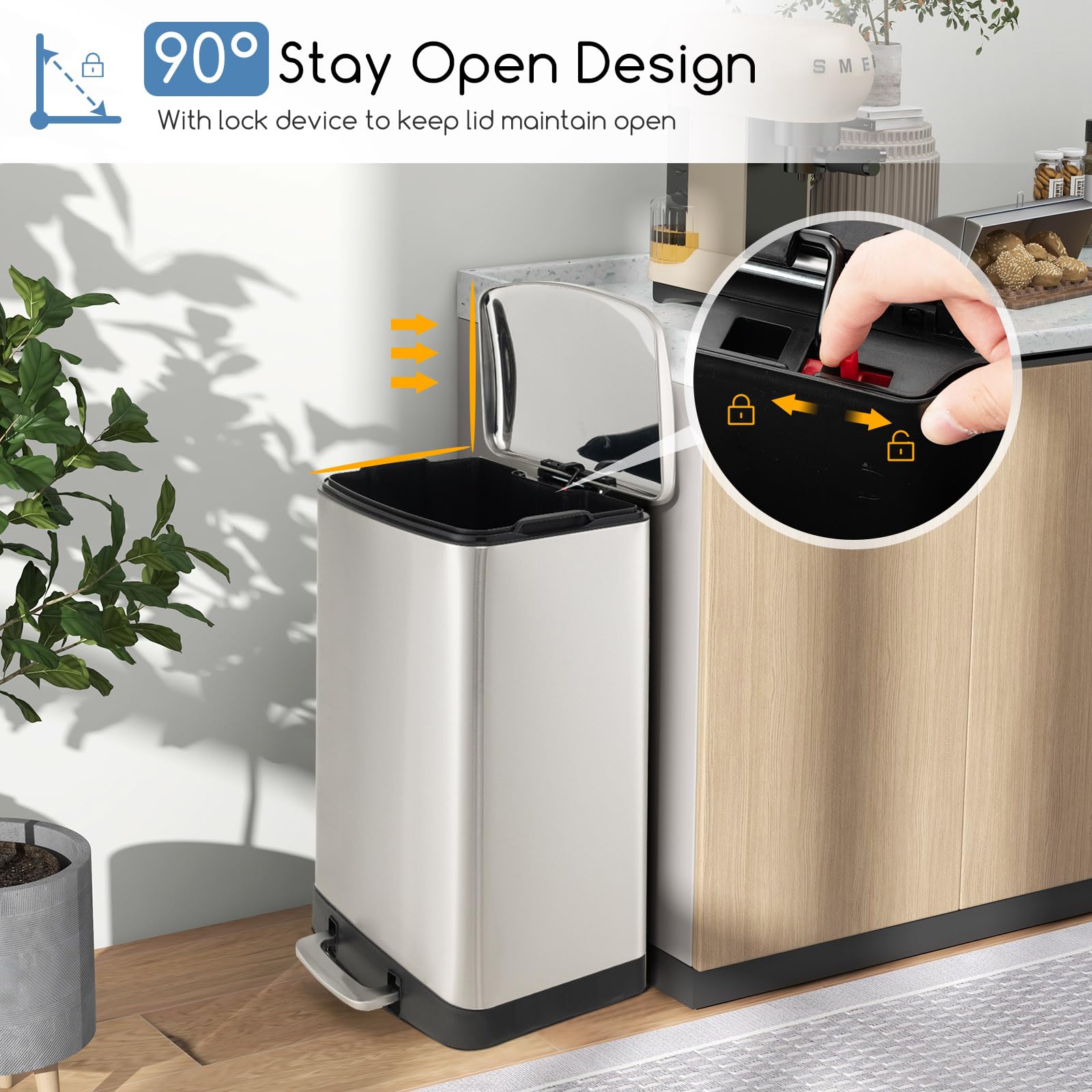 Goplus 13.2 Gallon/ 50 Liter Trash Can, Stainless Steel Garbage Can with Lock Device & Foot Pedal, Stay Open Trash Bin w/Soft Closing Lid, Hand-Free Step Garbage Bin for Kitchen Home Office, Silver