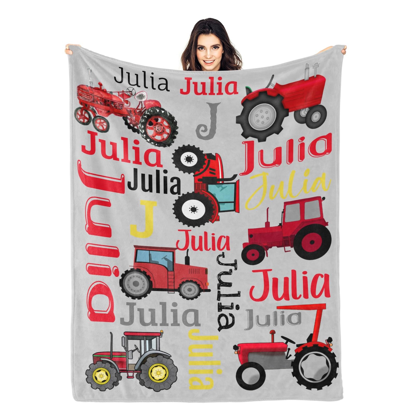 Zaaprint Red Truck Tractor Personalized Blankets with Name Customized Baby Blankets for Girls Boys Adults Kids Day Gift(50x60 inch)