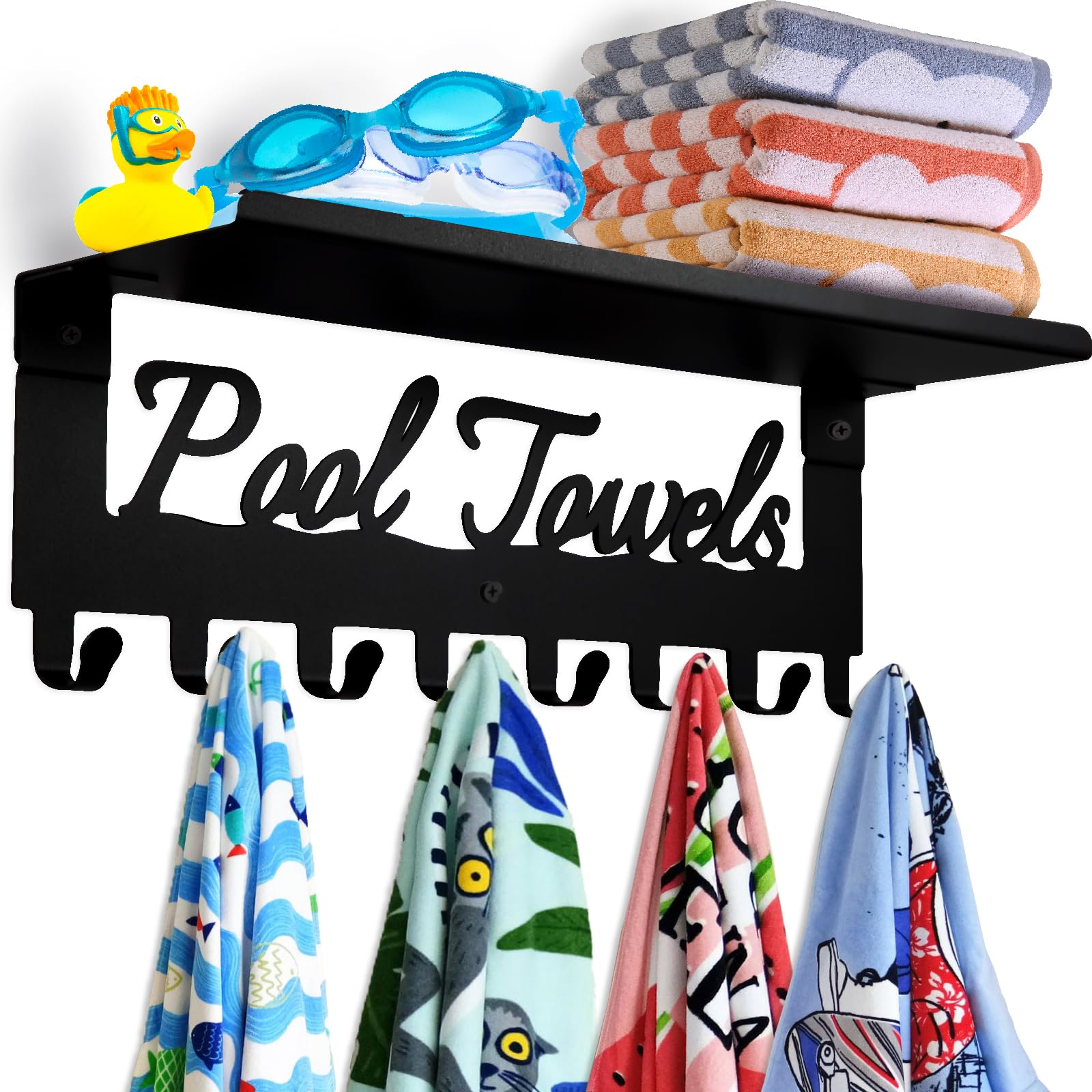 Pool Towel Racks with Shelf 8 Hooks for Pool Bathroom Wall Mount Towel Hooks Towel Holder Carbon Steel Hanger Organizer Pool Accessories Outdoor for Robe,Towel,Coat,Swimsuit,Bag,Keys