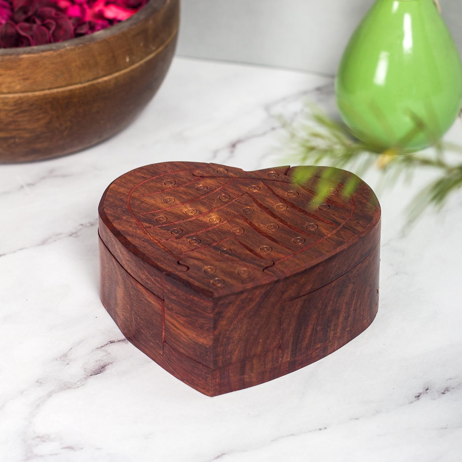 Lify All Natural Exotic Woods Puzzle Box, with Sliding Wooden Key Lock, Sliding Cover and Inner Lid to Hidden Compartment. Hand-made Wood Onlay Design on Lid.- 1 Piece (Heart (Double Open))