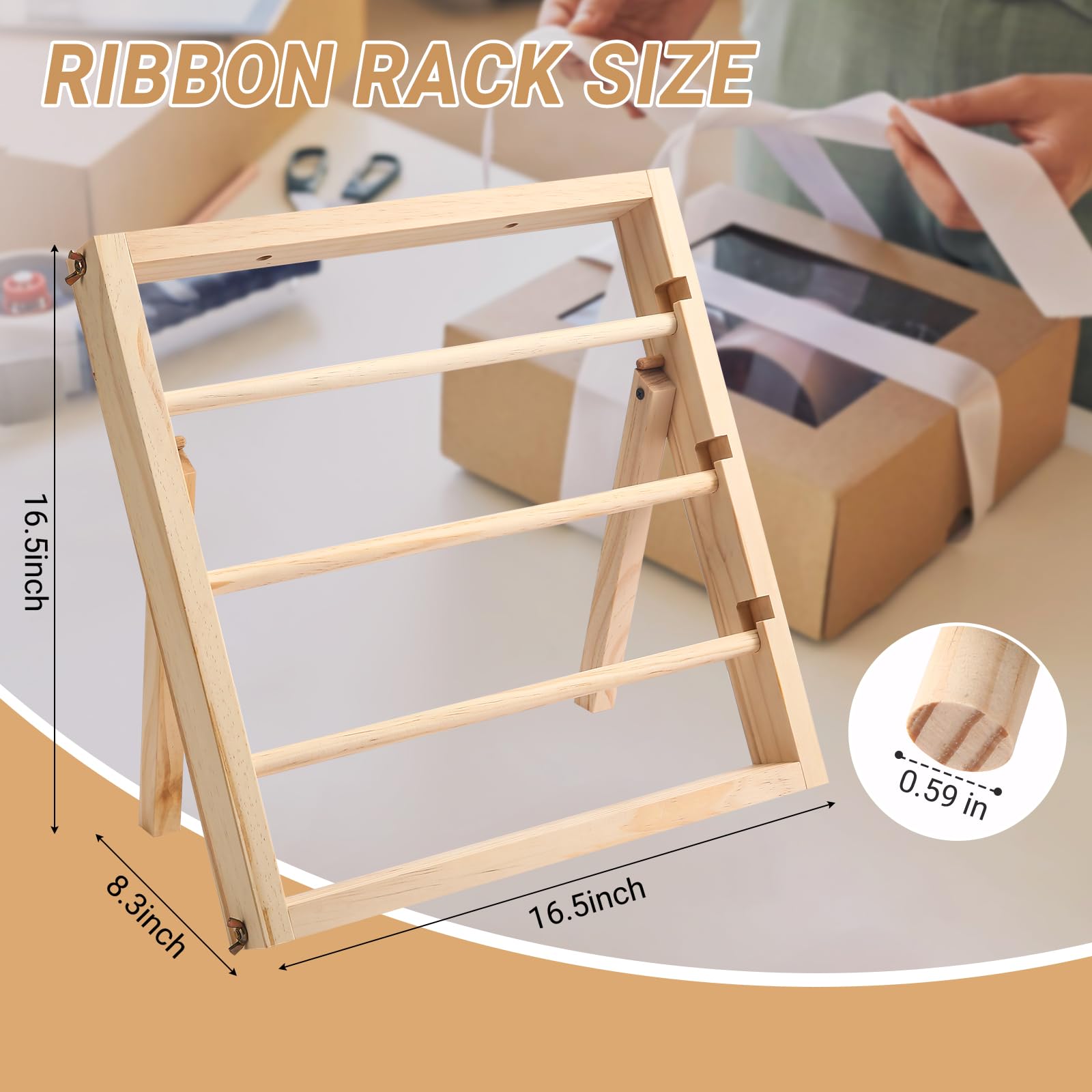 Aulin Ribbon Storage Organizer Rack - Wooden Ribbon Spool Holder for Craft Mesh Ribbon Washi Tape Arts & Crafts Supplies, Ribbon Rack for Craft Room, Florist Arts Wrapping Craft Gift (3 Tier)