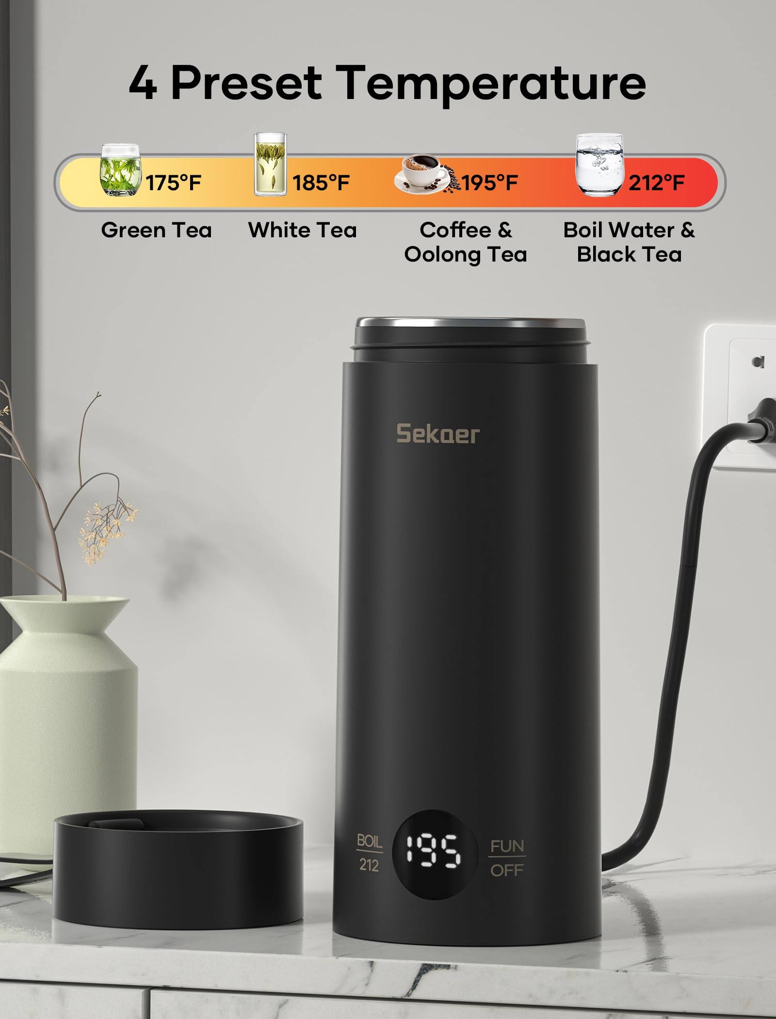 Sekaer Small Travel Portable Electric Kettle, Mini Tea Kettle Hot Water Boiler, 0.5L & 500Watts, with 4 Variable Presets and 304 Stainless Steel, SKE-850B