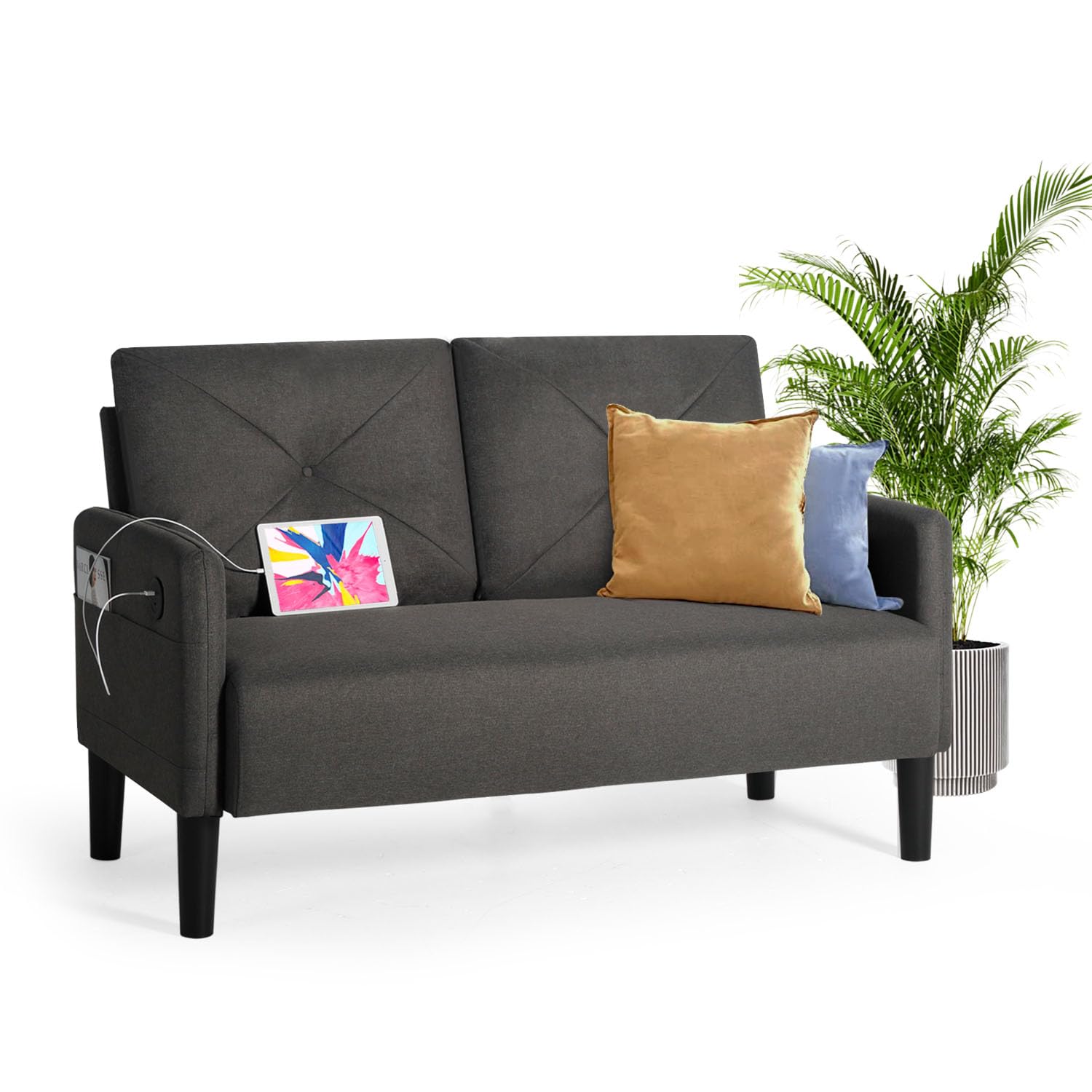 56" Small Sofa Couch for Living Room, Linen Fabric Modern Loveseat with USB, Mid-century Upholstered Tufted Mini 2-Seater Love Seats Sofa Comfy Couch for Small Space, Bedroom, Office, Apartment, Dorm