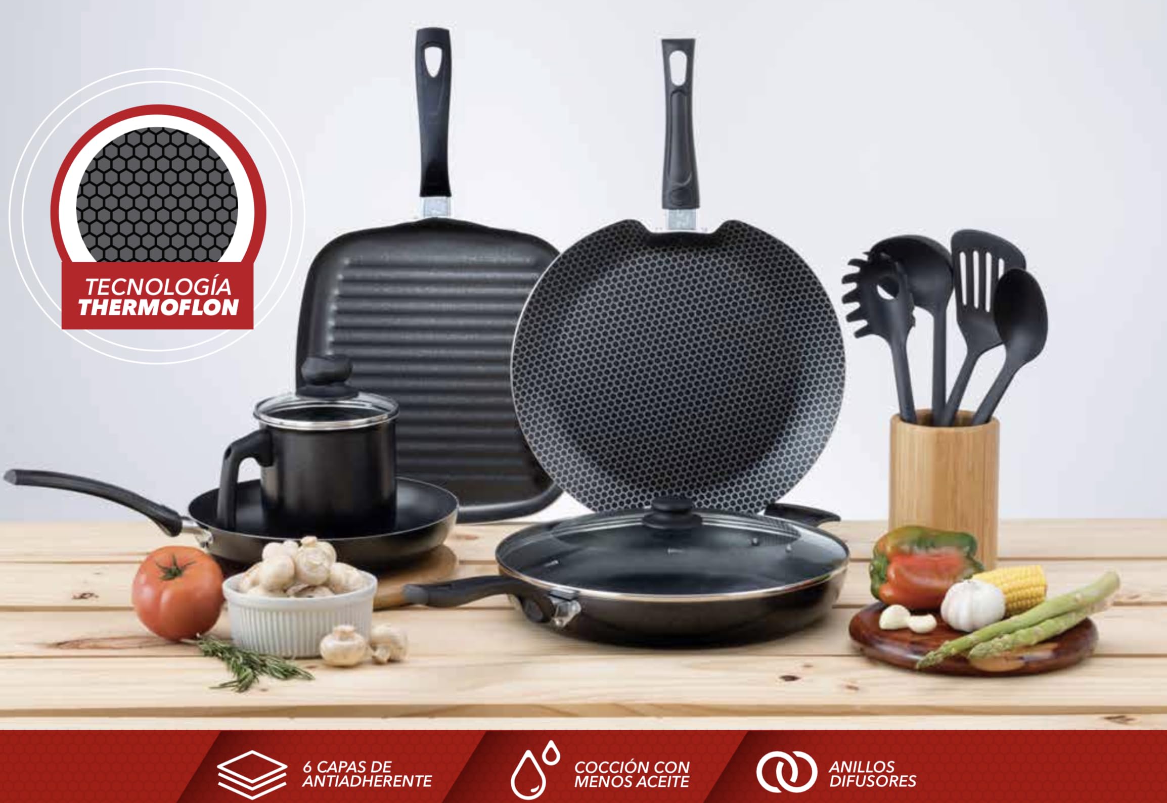 Grupo North Pan with Non-Stick Coating, Thermoflon technology, ideal for Crepes, Omelets, Tortillas, with heat diffusers rings, 5 layers of Non-Stick, PFOA Free, Crepera, Comal, Regular, Black