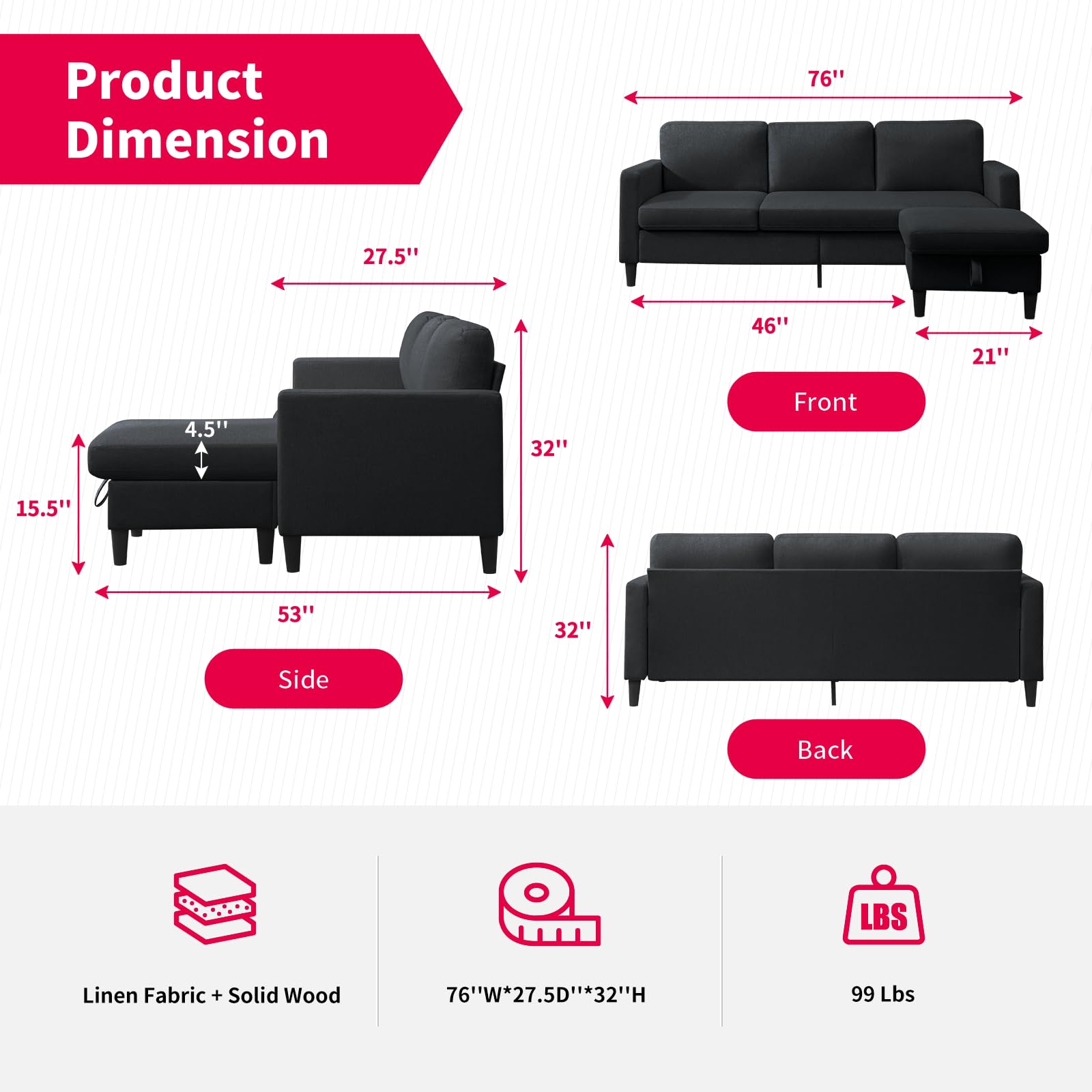 MUZZ Sectional Sofa with Movable Ottoman, Modern Linen L-Shaped Couch,3-Seater Sofa with Storage Ottoman,Free Combination Sectional Couch for Living Room/Office(Dark Grey)