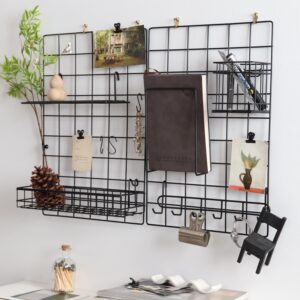 PEAUARL Metal Mesh Wall Grid Panel Hanging Basket,Display Shelf,Pen Holder,Hooks Rack,Bookshelf,Decorative Desk Storage Organizer for Office,Study,Set of 5 (Black)