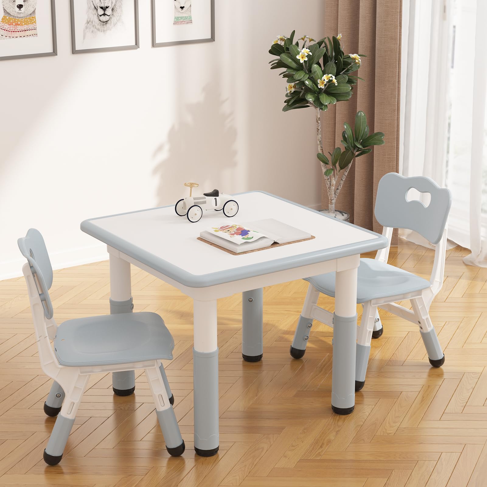 RONIPIC Height Adjustable Toddler Table and 2 Chairs Set with Graffiti Desktop, Kids Table and Chairs Set, Non-Slip Legs, Kids Activity Table for Home, Nursery, Blue