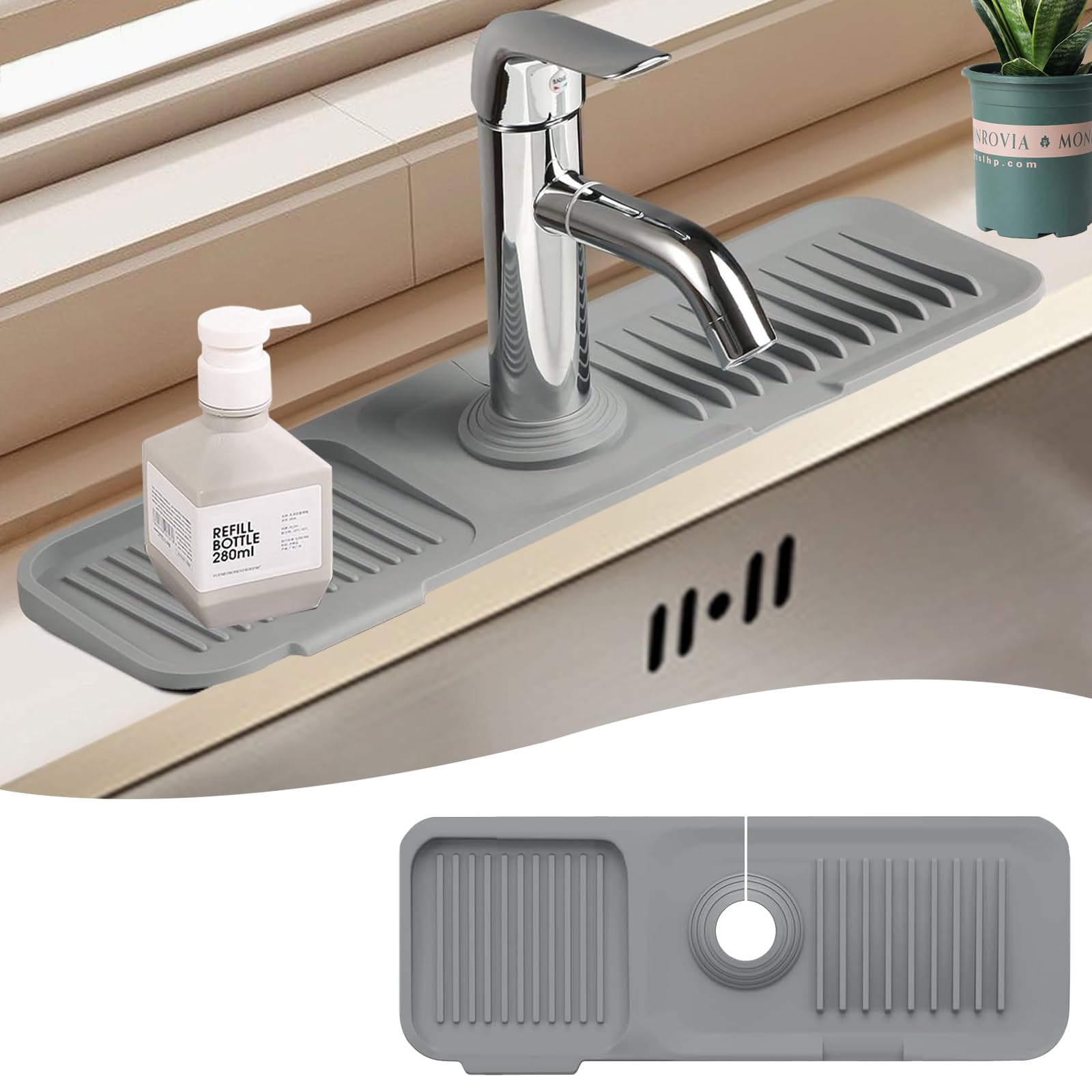 Kitchen Sink Splash Guard, Silicone Draining Mat for Kitchen Sink Sponge Holder Drying Mat for Kitchen Counter Faucet Handle Drip Catcher Tray Mat Sink Accessories Gadgets for Kitchen Bathroom - Grey