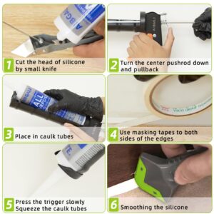 Variety Caulking Tool Kit, Caulking Gun, Silicone Sealant with Gun - All-Purpose 100% Clear Silicone Caulk (10 oz Tube), and 5 in 1 Scraper/Smoothing Tool, Sandpaper, Gloves and Masking Tape