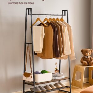 Asgolion Clothing Rack, Clothes Rack for Hanging Clothes, Garment Rack with 2 Shelves and 4 Hooks, Metal Standing Clothes rack for Bedroom, Closet, Rustic Brown