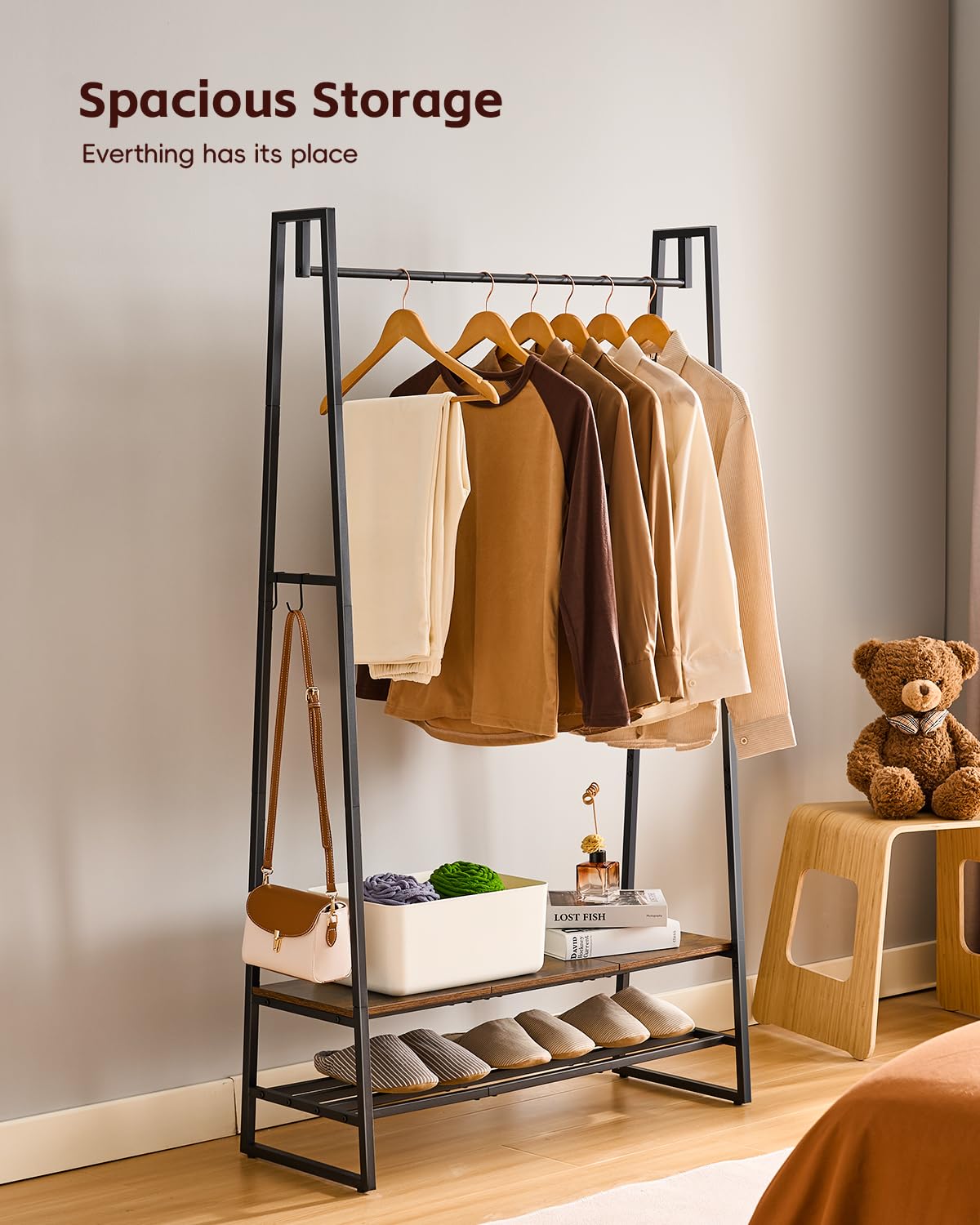 Asgolion Clothing Rack, Clothes Rack for Hanging Clothes, Garment Rack with 2 Shelves and 4 Hooks, Metal Standing Clothes rack for Bedroom, Closet, Rustic Brown