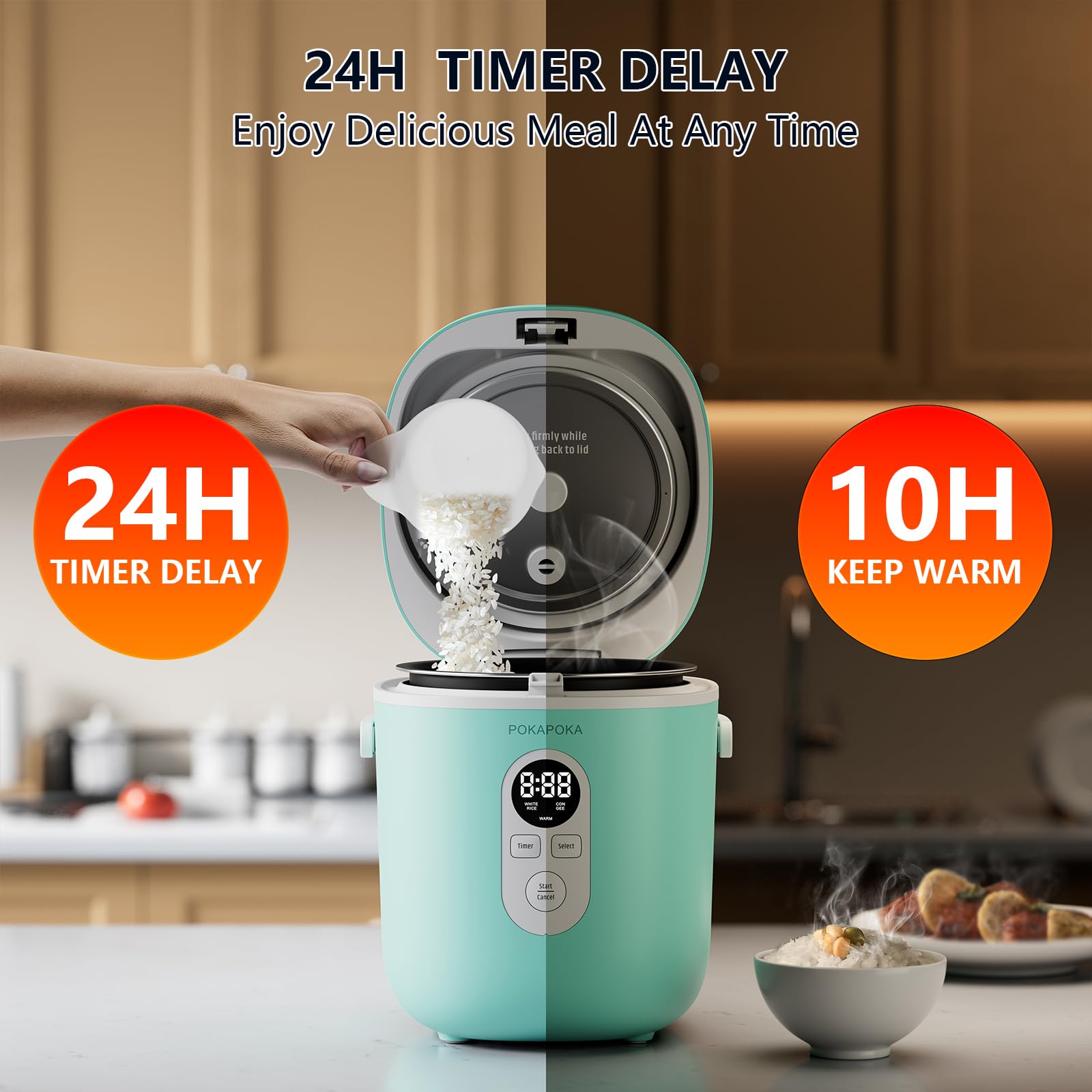 POKAPOKA Mini Rice Cooker 2 Cup Uncooked, Small Travel Rice Cooker with Portable Handle, 24-H Timer Delay, LED Display, 1.2L Non-stick Inner Pot, Aqua