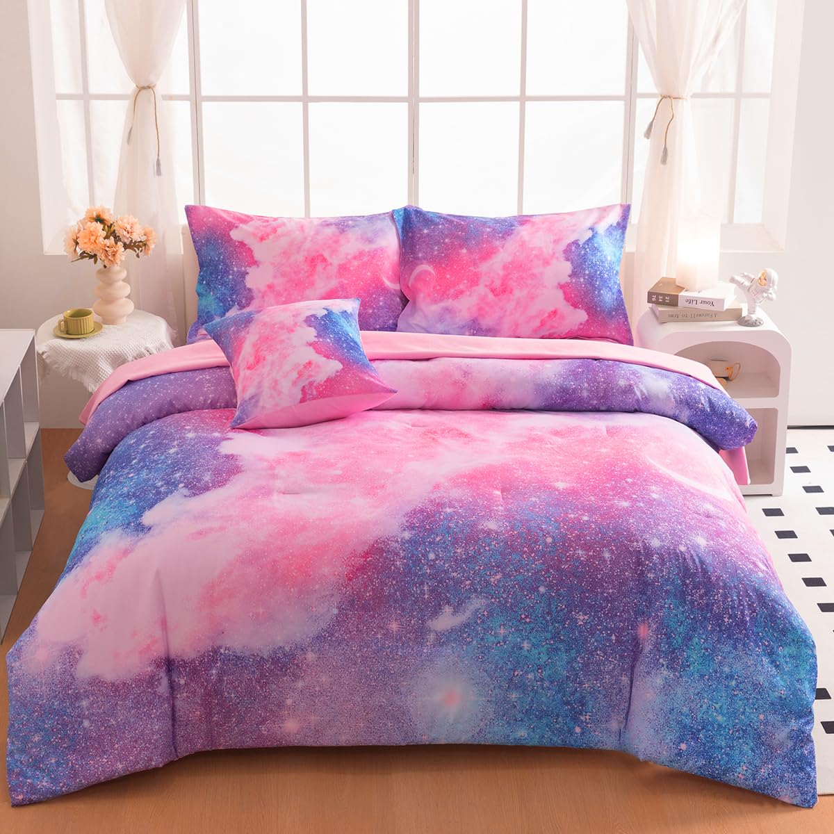 ASKOTU Purple Galaxy Full Bedding Sets for Girls Kids, 6 Pcs Bed in a Bag Full Size Comforter Sets with Sheets