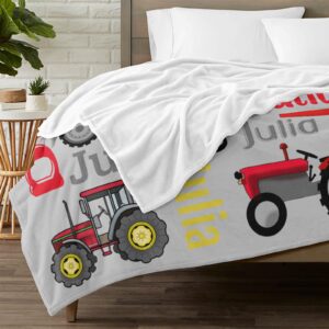 Zaaprint Red Truck Tractor Personalized Blankets with Name Customized Baby Blankets for Girls Boys Adults Kids Day Gift(50x60 inch)