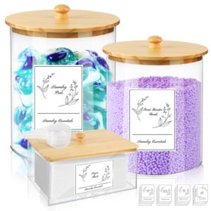 coazex 3 pack acrylic laundry powder container & dryer sheet holder, large laundry room organization jars and storage box dispenser with lid, labels & scoop for powder, detergent, scent booster