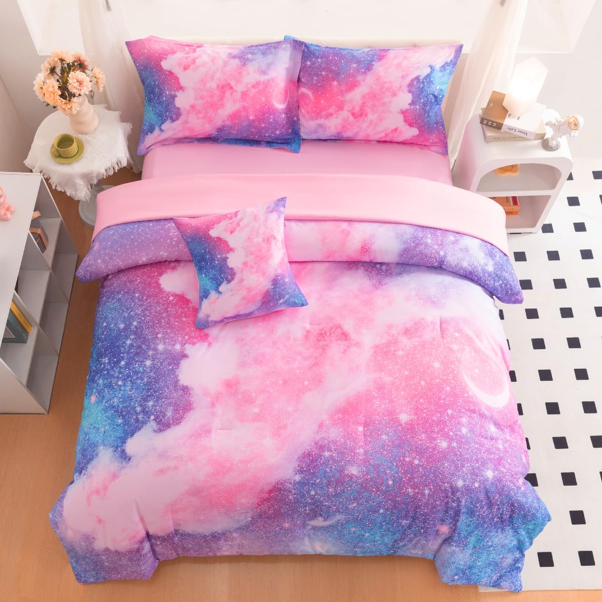 ASKOTU Purple Galaxy Full Bedding Sets for Girls Kids, 6 Pcs Bed in a Bag Full Size Comforter Sets with Sheets