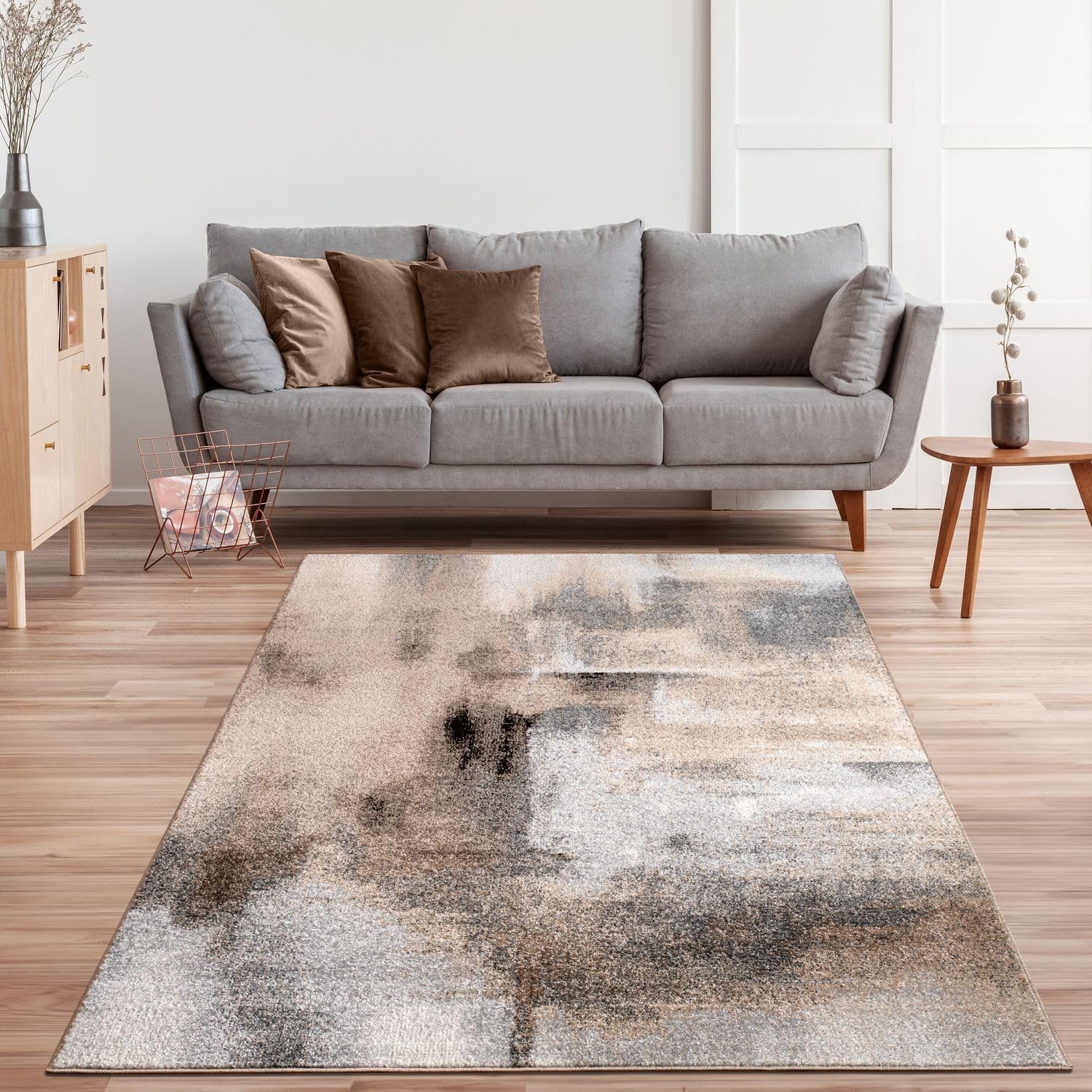 Paco Home Designer Rug with Modern Earthy Colors in Cream Brown Black, Size: 3'11" x 5'3"