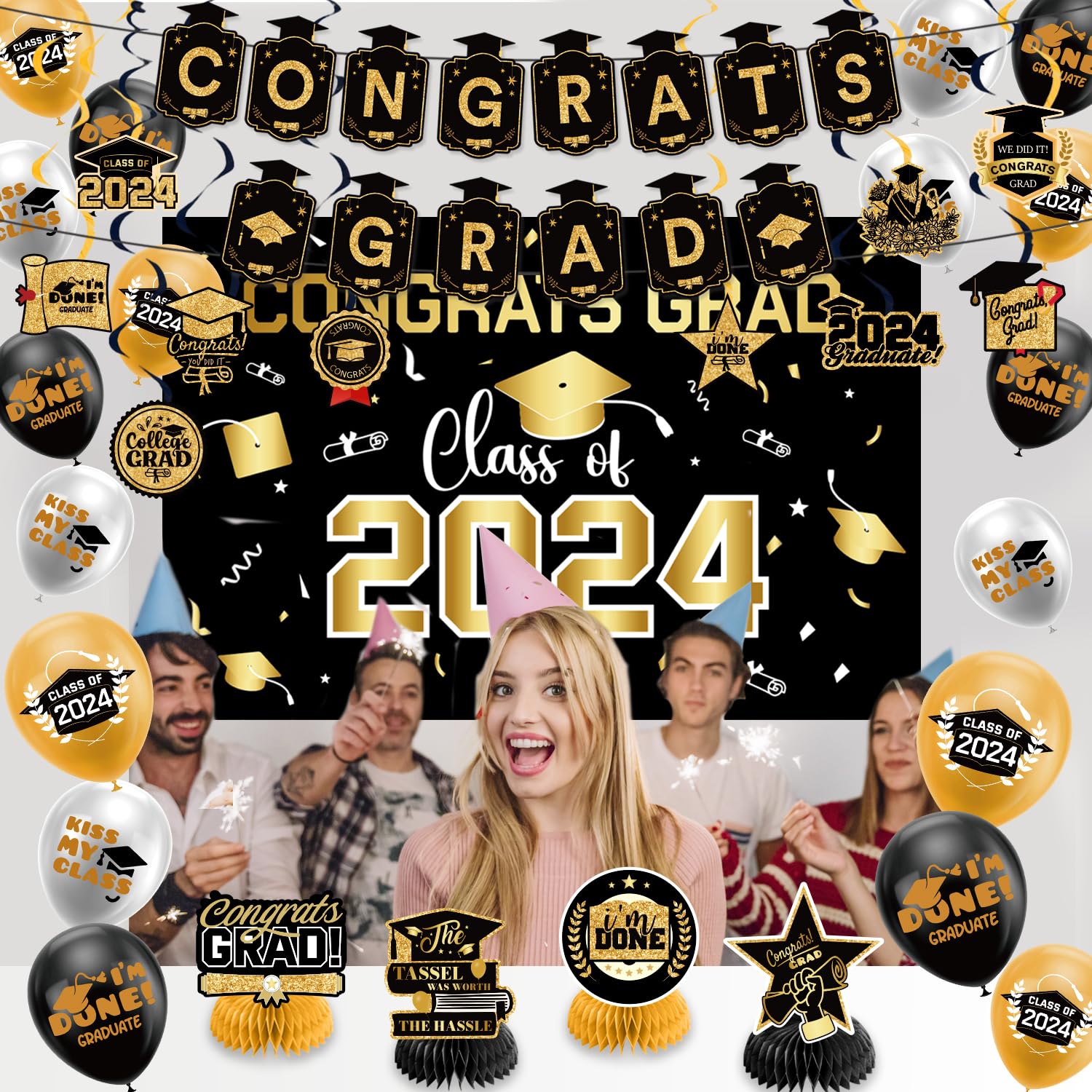 Graduation Decorations Class of 2024,Gold Themed Graduation Decorations Set,Class of 2024 Backdrop Banner,Graduation Hanging Swirl,Balloons and Honeycomb Supplies for Graduation Party (Gold)