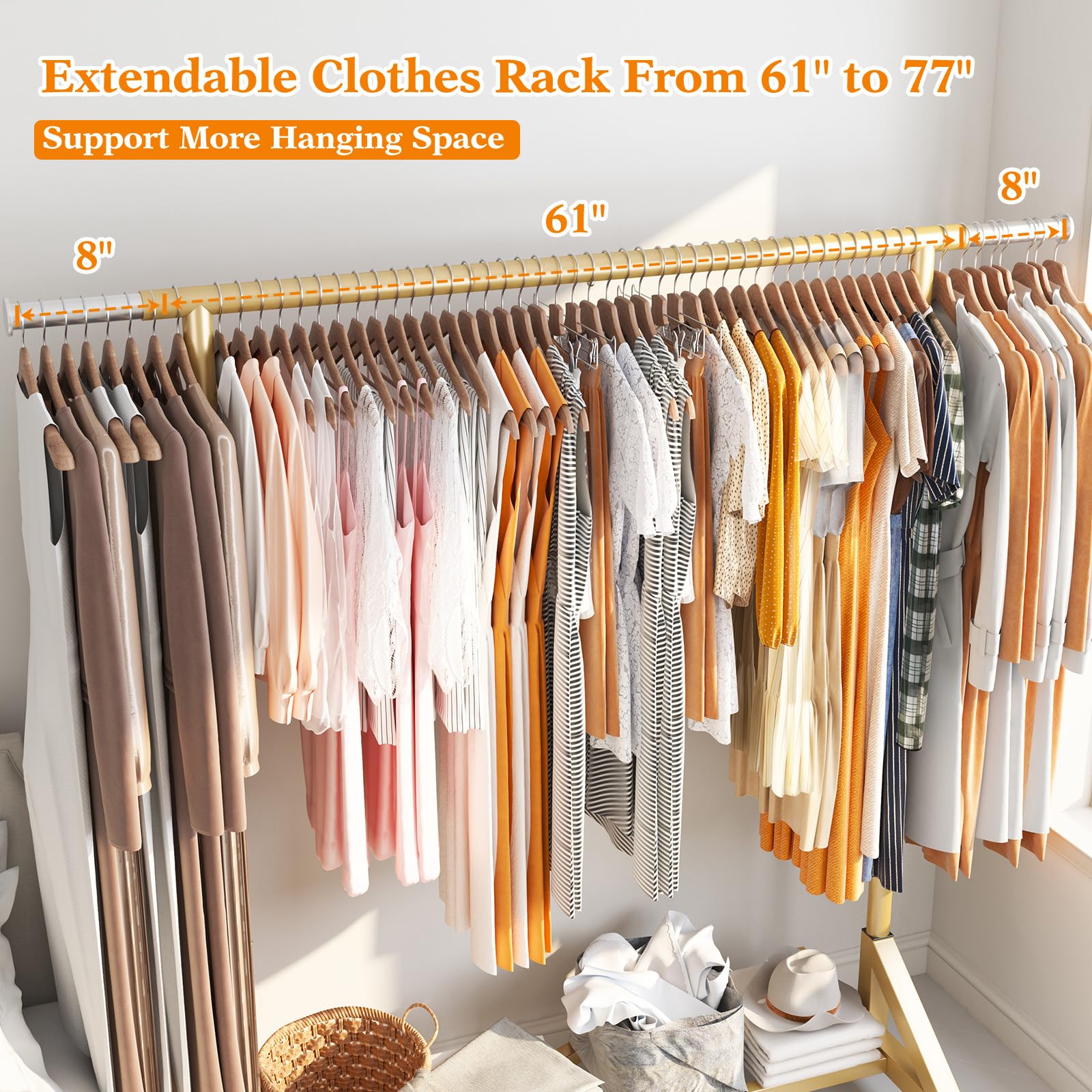 Raybee Clothes Rack 77" W Heavy Duty Clothing Rack Gold Clothing Rack with Wheels Clothes Racks for Hanging Clothes Heavy Duty Metal Rolling Garment Rack Industrial Clothing Rack 77''W×66''H×24''D