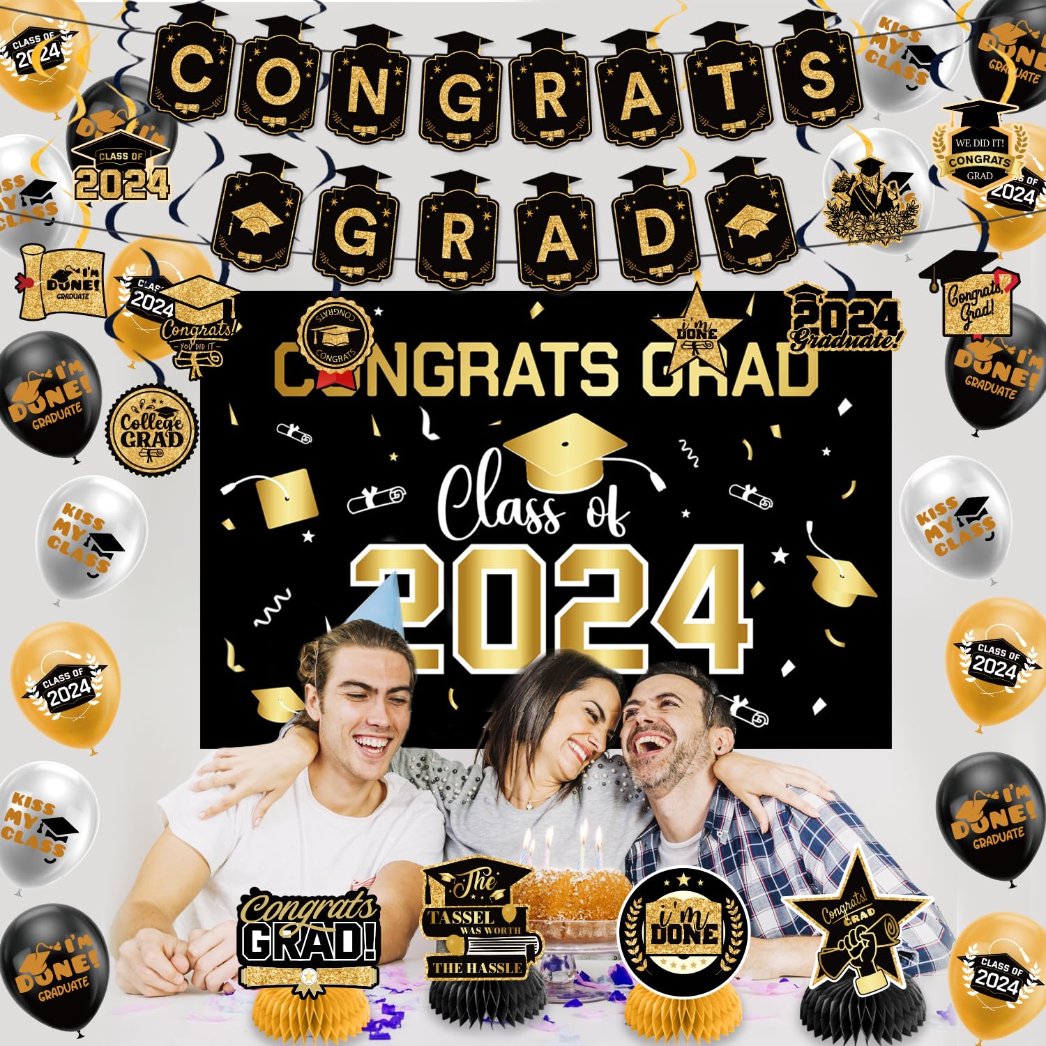 Graduation Decorations Class of 2024,Gold Themed Graduation Decorations Set,Class of 2024 Backdrop Banner,Graduation Hanging Swirl,Balloons and Honeycomb Supplies for Graduation Party (Gold)