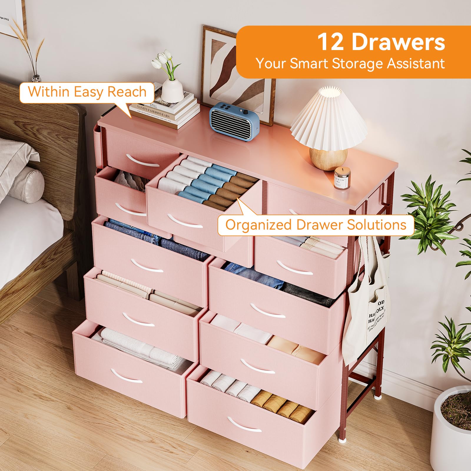 12 Dresser for Bedroom, Chest of Drawers for Bedroom with Side Pockets and Hooks, Fabric Storage Dresser, Sturdy Steel Frame, Wood Top, Easy Pull Handle (Pink)