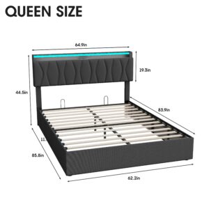 Queen Size Lift Up Storage Bed Frame, Height Adjustable Storage Headboard with Charging Station, LED Lights Upholstered Platform Bed, Wooden Slat Support, No Box Spring Needed, Noise-Free, Dark Grey