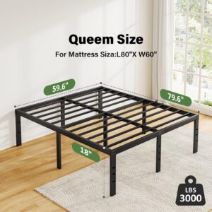 18 Inch Queen Bed Frame No Box Spring Needed, Metal Platform Bed Frame Queen Size, Easy Assembly Heavy Duty Noise Free Tall Bed Frame, Black