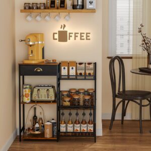 coffee bar cabinet, coffee stand station with drawer for coffee accessories syrup dispenser, 3-tier farmhouse coffee table with fence for living room, corner, kitchen, and small space（rustic brown）