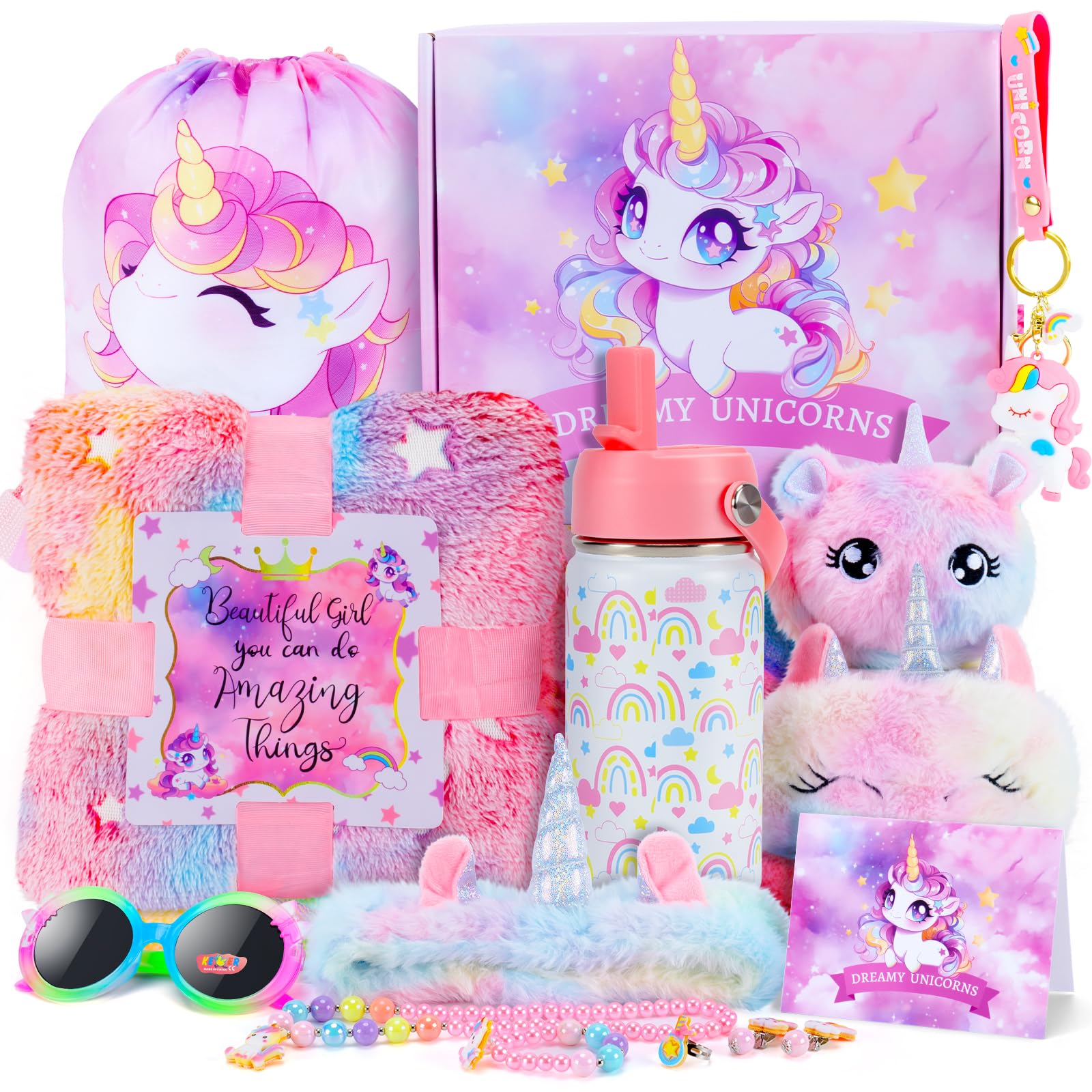 Unicorn Toys for Girls Kids Toys 5 6 7 8 9 10+ Years Old, Kids Unicorn Gifts with Glowing Blanket/ Water Bottle/ Eye Mask/Headband/Crossbody Bag/Sunglass/12PCS Birthday Gift Toys for Girls 6-10+