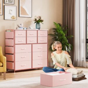 12 Dresser for Bedroom, Chest of Drawers for Bedroom with Side Pockets and Hooks, Fabric Storage Dresser, Sturdy Steel Frame, Wood Top, Easy Pull Handle (Pink)