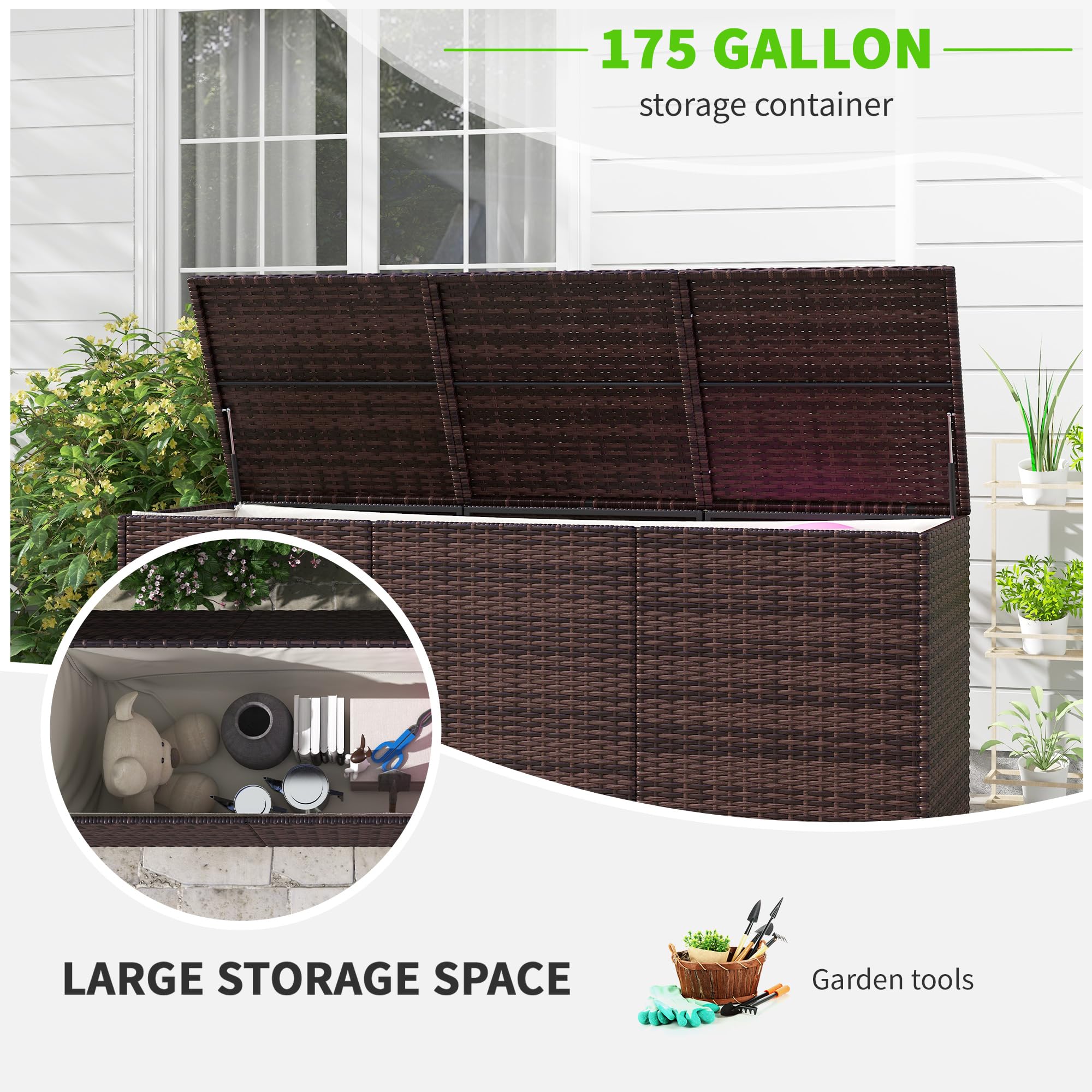 Outsunny 175 Gallon Outdoor Storage Box with Inner Liner, PE Rattan Wicker Deck Box with Pneumatic Bar Lift for Indoor & Outdoor, Patio Furniture Cushions, Pool Supplies, Garden Tools, Mixed Brown