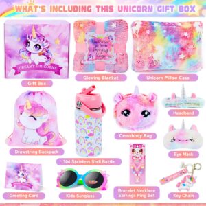 Unicorn Toys for Girls Kids Toys 5 6 7 8 9 10+ Years Old, Kids Unicorn Gifts with Glowing Blanket/ Water Bottle/ Eye Mask/Headband/Crossbody Bag/Sunglass/12PCS Birthday Gift Toys for Girls 6-10+