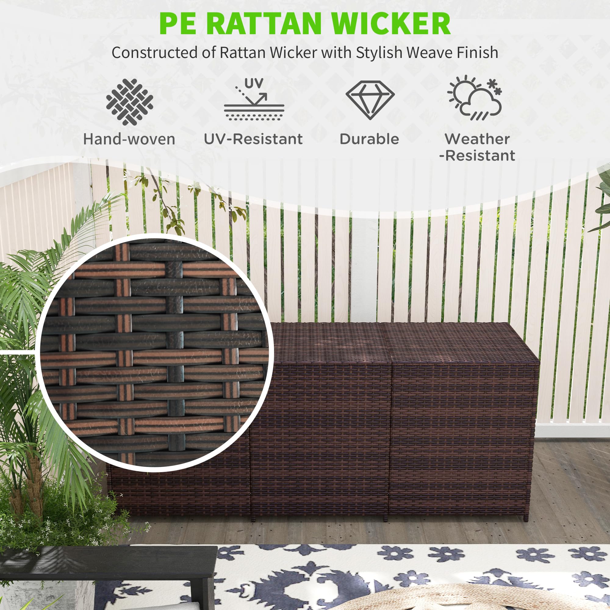 Outsunny 175 Gallon Outdoor Storage Box with Inner Liner, PE Rattan Wicker Deck Box with Pneumatic Bar Lift for Indoor & Outdoor, Patio Furniture Cushions, Pool Supplies, Garden Tools, Mixed Brown