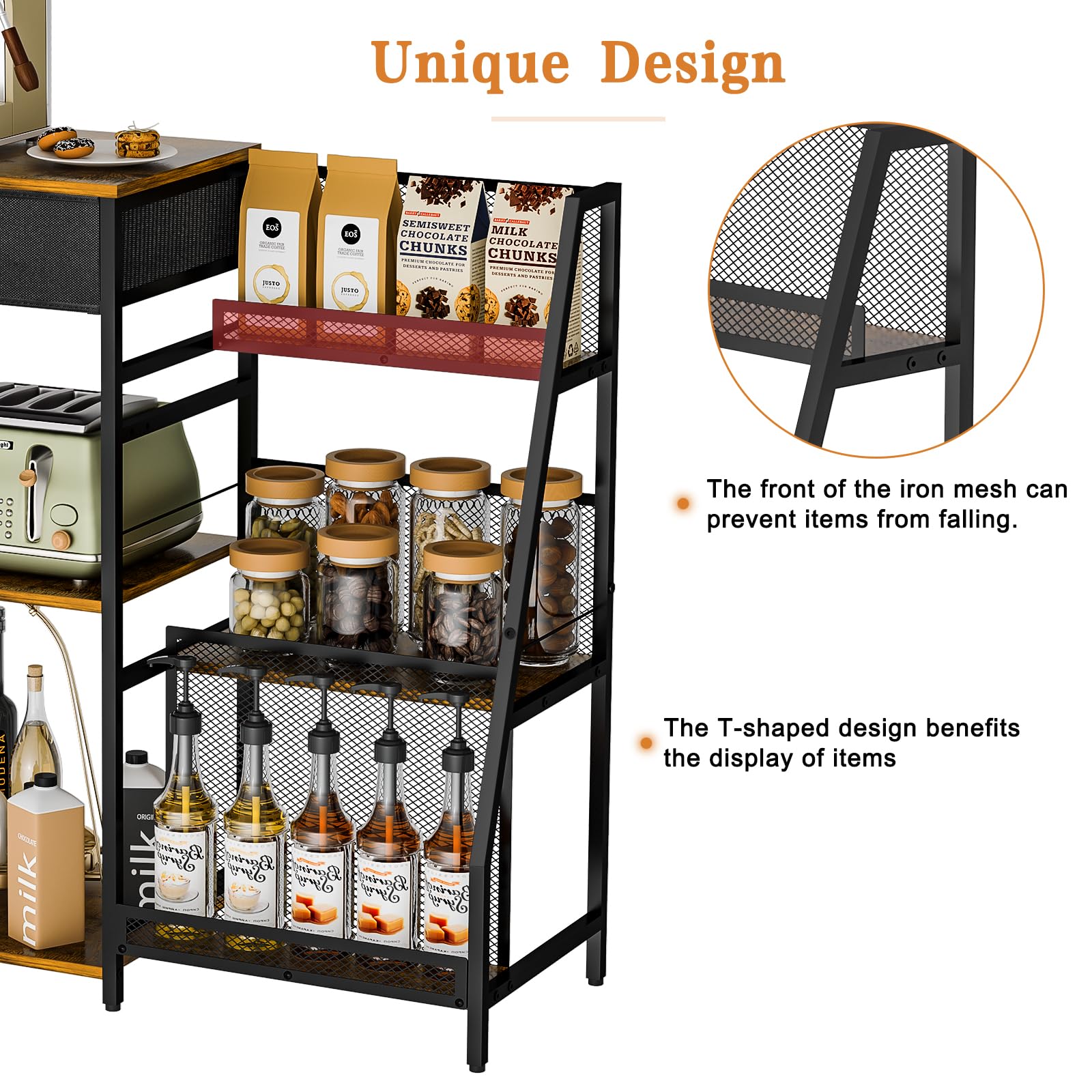 Coffee Bar Cabinet, Coffee Stand Station with Drawer for Coffee Accessories Syrup Dispenser, 3-Tier Farmhouse Coffee Table with Fence for Living Room, Corner, Kitchen, and Small Space（Rustic Brown）