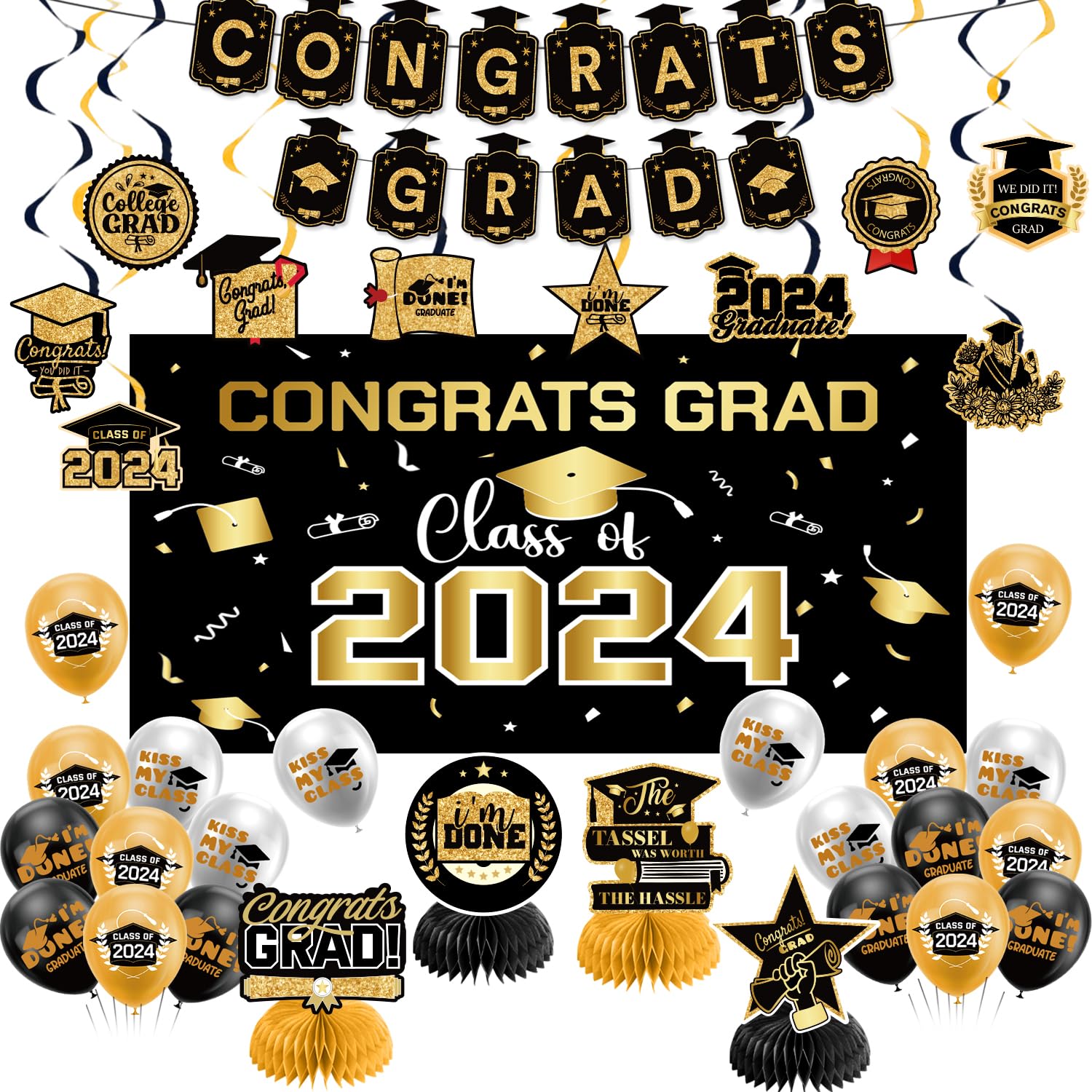 Graduation Decorations Class of 2024,Gold Themed Graduation Decorations Set,Class of 2024 Backdrop Banner,Graduation Hanging Swirl,Balloons and Honeycomb Supplies for Graduation Party (Gold)