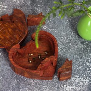 Lify All Natural Exotic Woods Puzzle Box, with Sliding Wooden Key Lock, Sliding Cover and Inner Lid to Hidden Compartment. Hand-made Wood Onlay Design on Lid.- 1 Piece (Heart (Double Open))