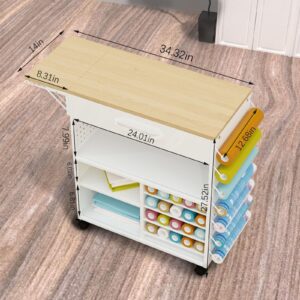 RJOKMT Rolling Craft Storage Cart with Crafting Table Organization Workstation - Compatible with Cricut Machines, Craft Rolling Storage Organizer with Vinyl Roll Holder，Crafting Cabinet Workstation