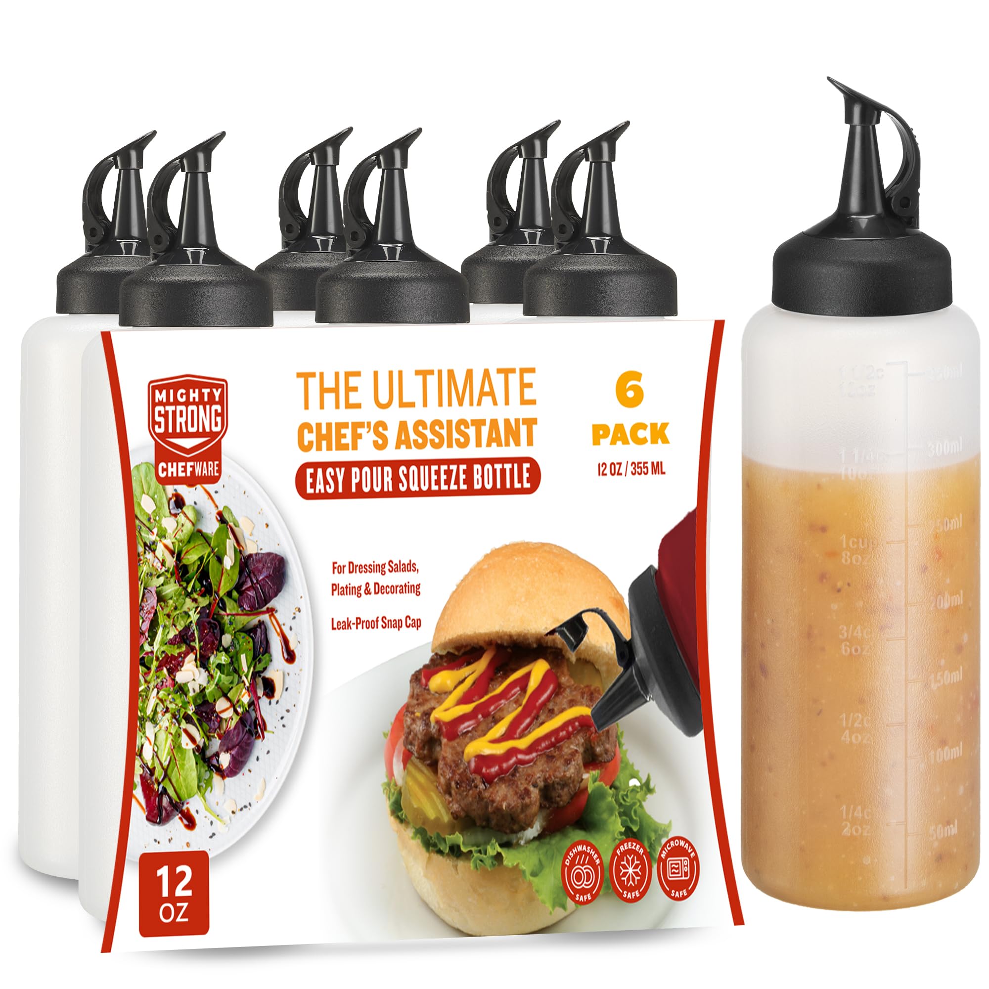 6 Pack Condiment Squeeze Bottles for Sauces - 12 Oz Squirt Bottles for Liquids, Easy Pour Sauce Bottles with Leak Proof Snap Cap, Condiment Bottles, Plastic Squeeze Bottles for Liquids, Ketchup, Oil