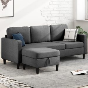 MUZZ Sectional Sofa with Movable Ottoman, Modern Linen L-Shaped Couch,3-Seater Sofa with Storage Ottoman,Free Combination Sectional Couch for Living Room/Office(Dark Grey)