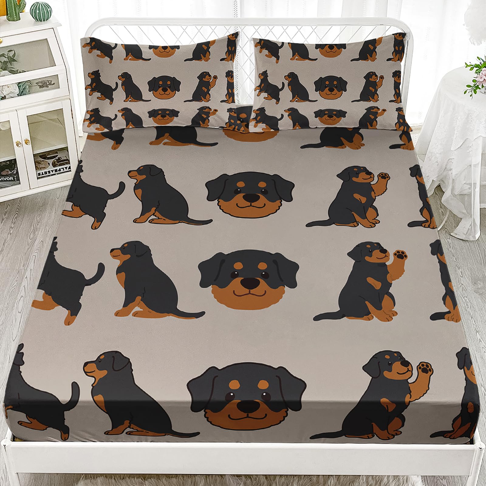 Axolotl Puppy Dog Fitted Sheet Queen,Cute Rottweiler Bedding Sheet Set,Cartoon Pet Puppy Fitted Sheet,Lovely Animal Sheet Set For Kids Boys Girls Teens Adults,1 Flat Sheet 1 Fitted Sheet 2 Pillowcases