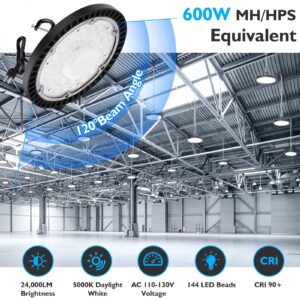 TOBUSA 24000LM UFO LED High Bay Lights, 150W LED Shop Lights, 600W MH/HPS Equivalent Warehouse Lights 5000K, Waterproof Industrial Commercial Lighting Fixtures for Workshop Barn Garage, 2-Pack