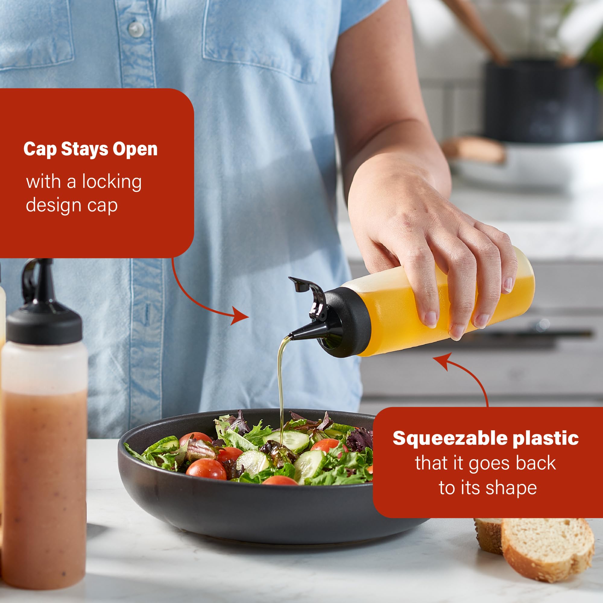 6 Pack Condiment Squeeze Bottles for Sauces - 12 Oz Squirt Bottles for Liquids, Easy Pour Sauce Bottles with Leak Proof Snap Cap, Condiment Bottles, Plastic Squeeze Bottles for Liquids, Ketchup, Oil