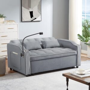 MYINDA 3-in-1 Sleeper Sofa Couch with Velvet Pullout Bed, 54.7’’ Convertible Sofa Bed Couch with Adjustable Backrest and USB Ports and Cup Holders for Bedroom Living Room (Grey)